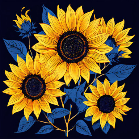the AI Image Generator, Vibrant Sunflowers Illustration with Blue Leaves on Dark Backgroundの素材
