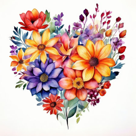 Watercolor bouquet of flowers in the shape of a heart. Hand-drawn illustration.の素材
