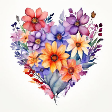 the AI Image Generator, Heart-Shaped Floral Composition with Colorful Artistic Watercolorの素材