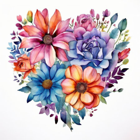 the AI Image Generator, Heart-Shaped Floral Composition with Colorful Artistic Watercolorの素材