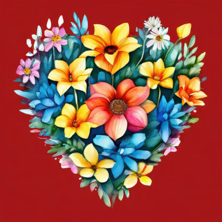 the AI Image Generator, Heart-Shaped Floral Composition with Colorful Artistic Watercolorの素材
