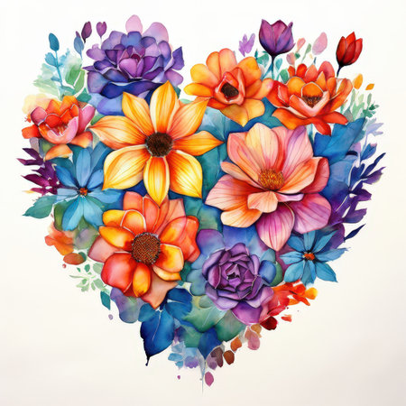 the AI Image Generator, Heart-Shaped Floral Composition with Colorful Artistic Watercolorの素材