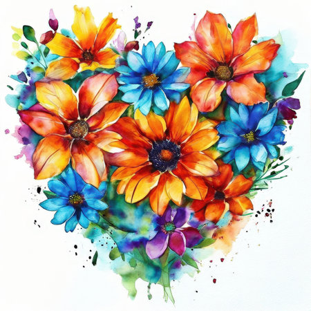 the AI Image Generator, Heart-Shaped Floral Composition with Colorful Artistic Watercolorの素材