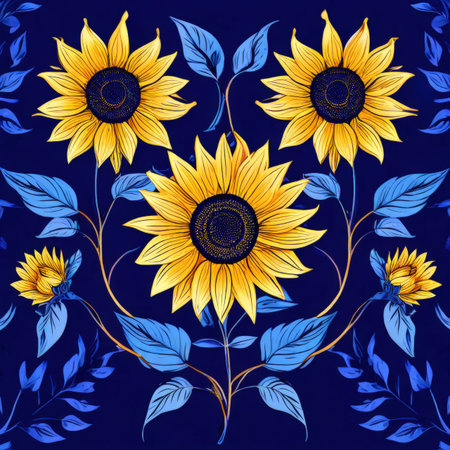 the AI Image Generator, Vibrant Sunflowers Illustration with Blue Leaves on Dark Backgroundの素材