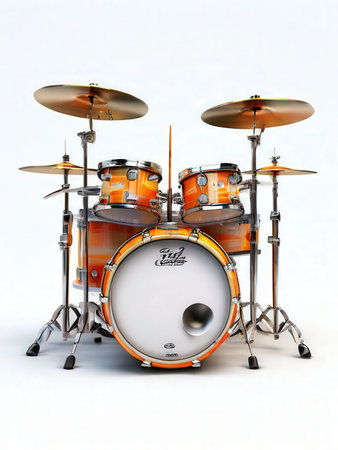 the AI Image Generator, Orange Drum Set Isolated on White Background with Cymbals and Hardwareの素材