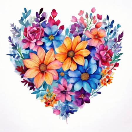 Watercolor bouquet of flowers in the shape of a heart.の素材