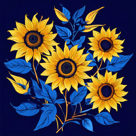 the AI Image Generator, Vibrant Sunflowers Illustration with Blue Leaves on Dark Backgroundの素材