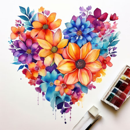 the AI Image Generator, Heart-Shaped Floral Composition with Colorful Artistic Watercolorの素材