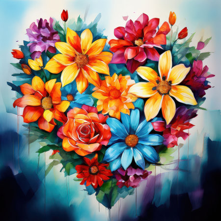 the AI Image Generator, Heart-Shaped Floral Composition with Colorful Artistic Watercolorの素材