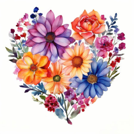 Beautiful watercolor illustration of a heart with flowers on a white backgroundの素材