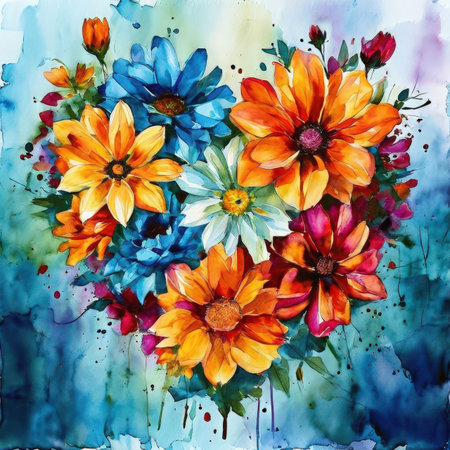 Watercolor bouquet of flowers on a blue watercolor background.の素材