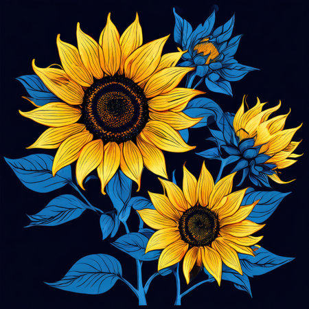 the AI Image Generator, Vibrant Sunflowers Illustration with Blue Leaves on Dark Backgroundの素材