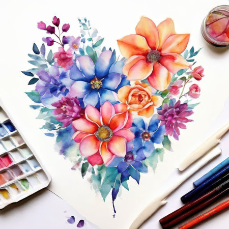 Watercolor painting of flowers and paints on white paper, top viewの素材