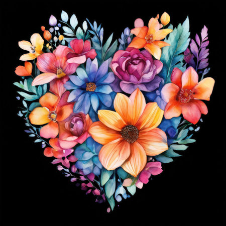 Watercolor heart with colorful flowers on black background. Hand painted illustrationの素材