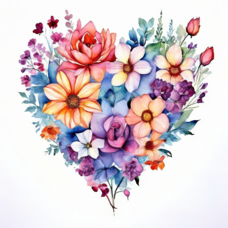 Watercolor bouquet of colorful flowers in the shape of a heartの素材