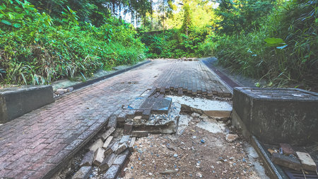 A damaged brick pavement showing a large hole with dislodged bricks