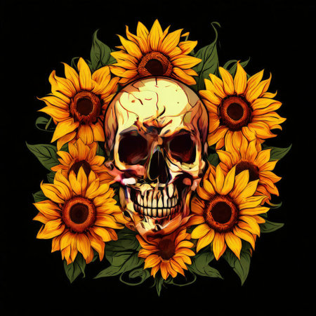 the AI Image Generator, Artistic Skull With Sunflowers Against Dark Backgroundの素材