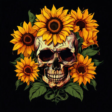 the AI Image Generator, Artistic Skull With Sunflowers Against Dark Backgroundの素材