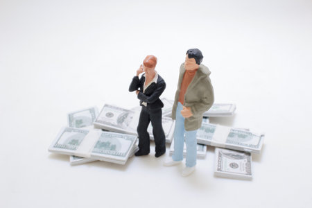 Miniature figures of individuals standing among stacks of money,