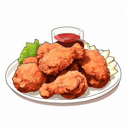 the AI Image Generator, Deliciously Crispy Fried Chicken Pieces on a Plate with Garnishの素材