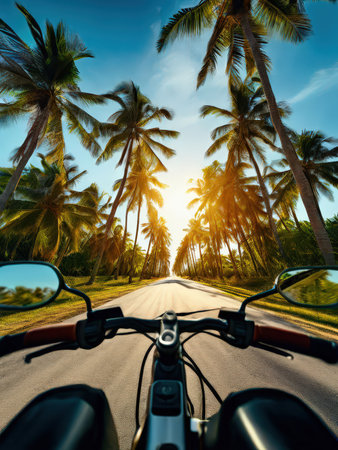 the AI Image Generator, Sunlit Palm Tree Road View from a Motorcycle Perspectiveの素材