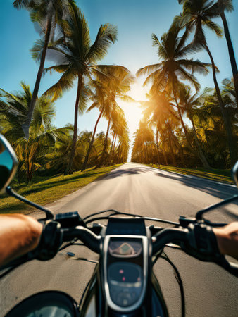 the AI Image Generator, Sunlit Palm Tree Road View from a Motorcycle Perspectiveの素材