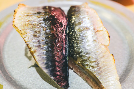Delicious grilled mackerel sushi placed adorably oの写真素材
