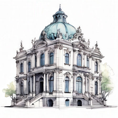 the AI Image Generator, Elegant Baroque Architecture of a Grand Historic Building with Blue Domed Roofの素材
