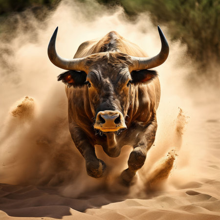 the AI Image Generator, Dynamic Charging Bull Kicking Up Dust in a Desert Landscapeの素材