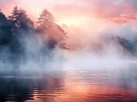 the AI Image Generator, Serene Sunrise Over Misty Lake with Vibrant Sky Reflectionsの素材