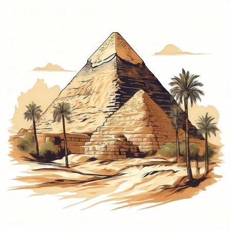 the AI Image Generator, Golden Desert Pyramids Sunset Scene With Palm Treesの素材