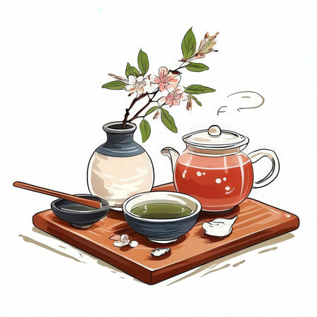 the AI Image Generator, Tea Set With Blossoms: Ceramic Teapot and Cups on Woodenの素材