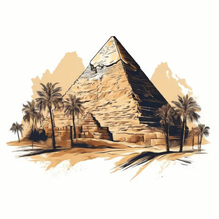 the AI Image Generator, Golden Desert Pyramids Sunset Scene With Palm Treesの素材