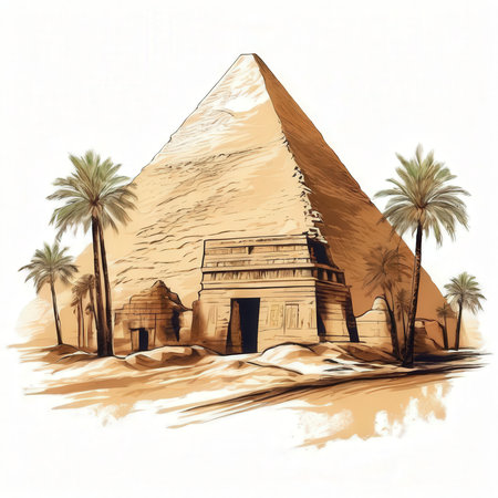 the AI Image Generator, Golden Desert Pyramids Sunset Scene With Palm Treesの素材