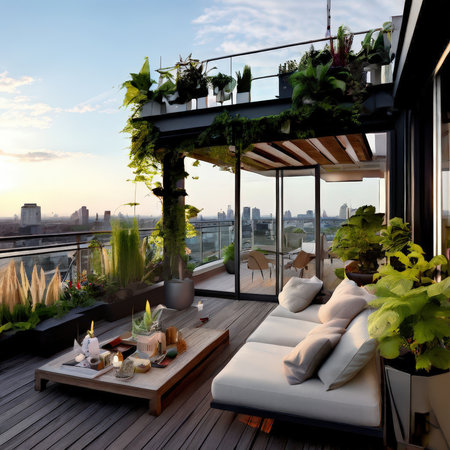 the AI Image Generator, Luxurious Rooftop Lounge With Greenery and City Skylineの素材