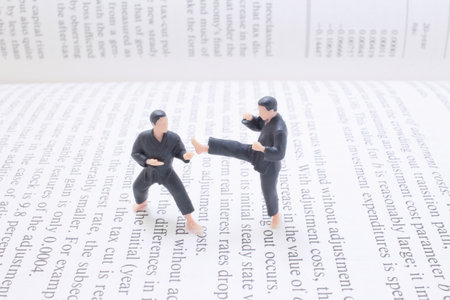 Two small martial arts figurines execute a karate kick on a page full of text,