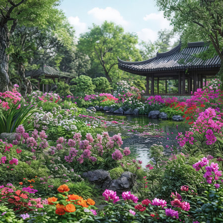 the AI Image Generator, Serene Asian Garden with Blossoming Flowers and Tranquil Water Pondの素材