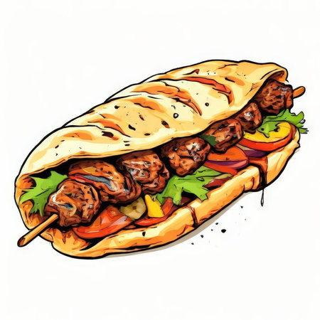 the AI Image Generator, Illustrated Skewered Kebab Dish with Vegetablesの素材