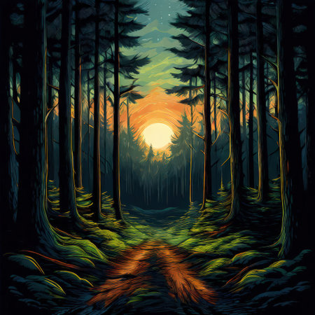 the AI Image Generator, Serene Forest Trail Illuminated by Morning Sunlight and Surroundedの素材