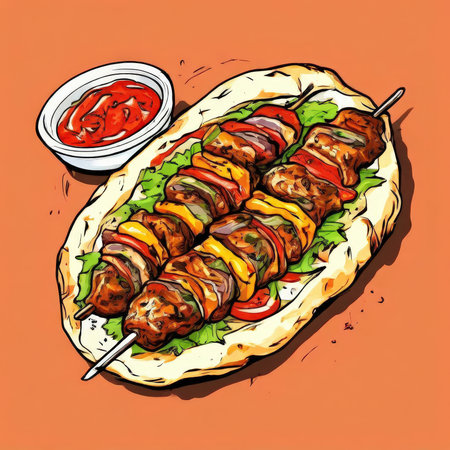 the AI Image Generator, Illustrated Skewered Kebab Dish with Vegetablesの素材