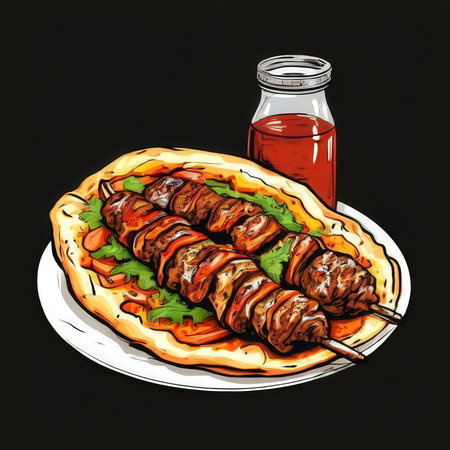 the AI Image Generator, Illustrated Skewered Kebab Dish with Vegetablesの素材