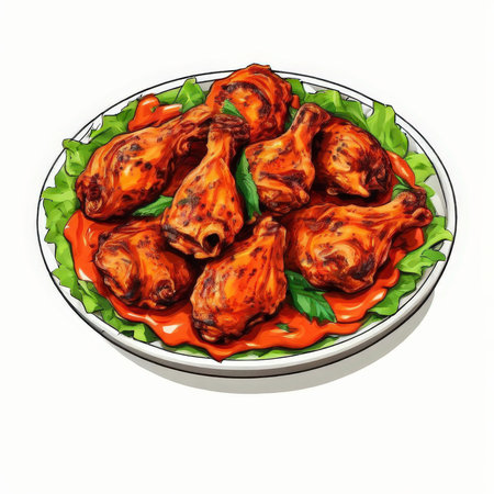 the AI Image Generator, Plate of Spicy Grilled Chicken Drumsticks on Leafy Garnishの素材