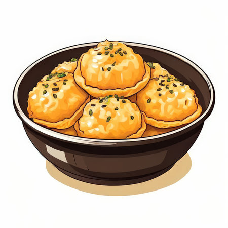 the AI Image Generator, Delicious Curry Dumplings Garnished With Cilantro in a Bowlの素材