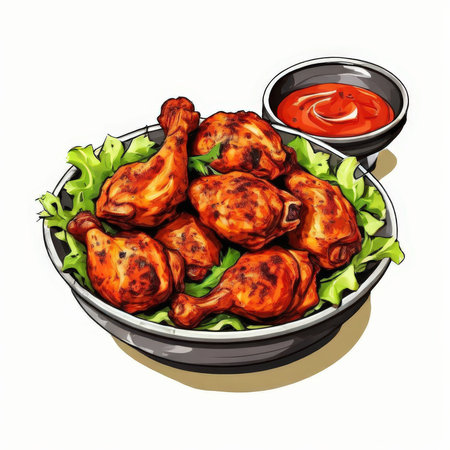 the AI Image Generator, Plate of Spicy Grilled Chicken Drumsticks on Leafy Garnishの素材