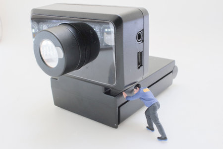 A tiny figurine pushes a large vintage instant cameraの写真素材