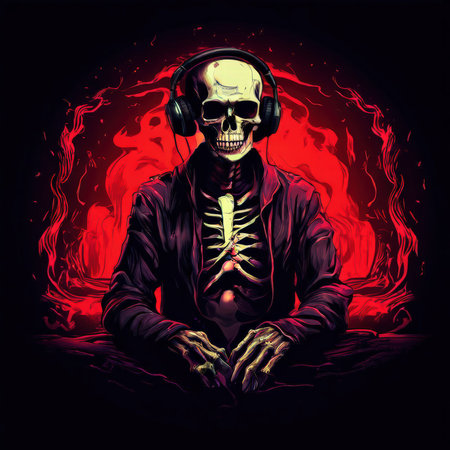 the AI Image Generator, Skeleton With Headphones Surrounded by Neon Purple Energy,の素材