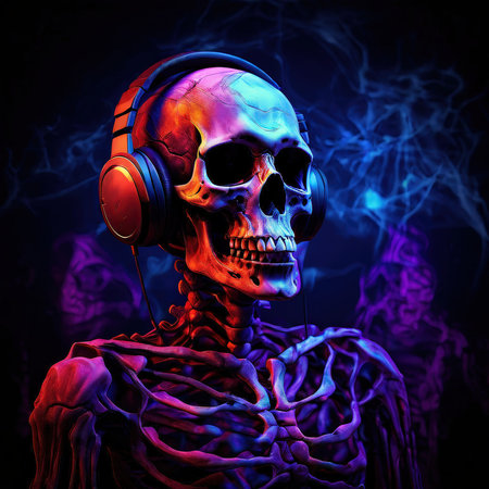 the AI Image Generator, Skeleton With Headphones Surrounded by Neon Purple Energy,の素材