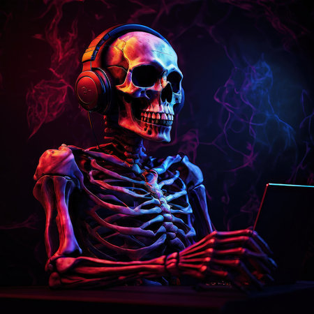 the AI Image Generator, Skeleton With Headphones Surrounded by Neon Purple Energy,の素材
