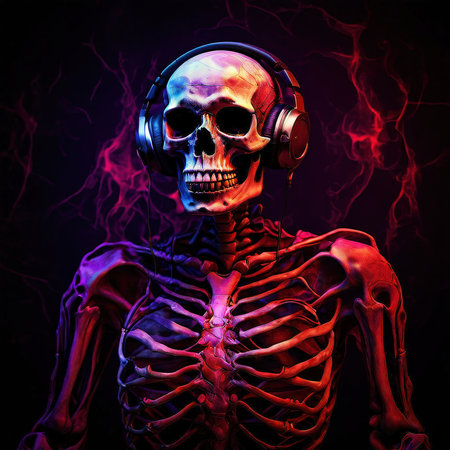the AI Image Generator, Skeleton With Headphones Surrounded by Neon Purple Energy,の素材