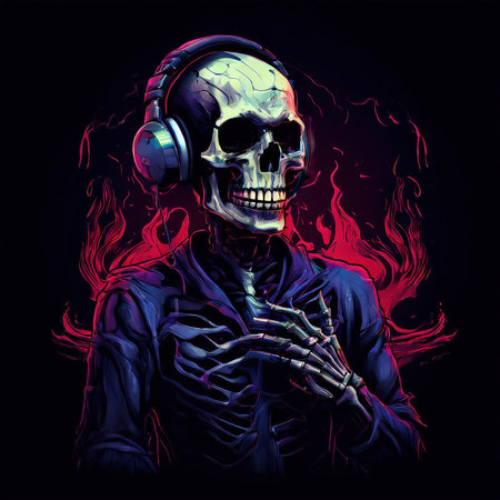 the AI Image Generator, Skeleton With Headphones Surrounded by Neon Purple Energy,の素材
